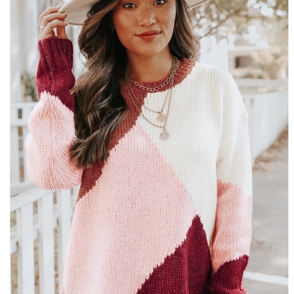 Chic Colorblock Sweater - Pink, White, and Burgundy